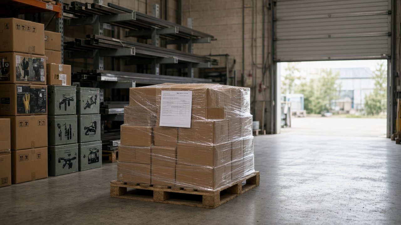 A loading dock with pallets of boxes and a pallet jack.