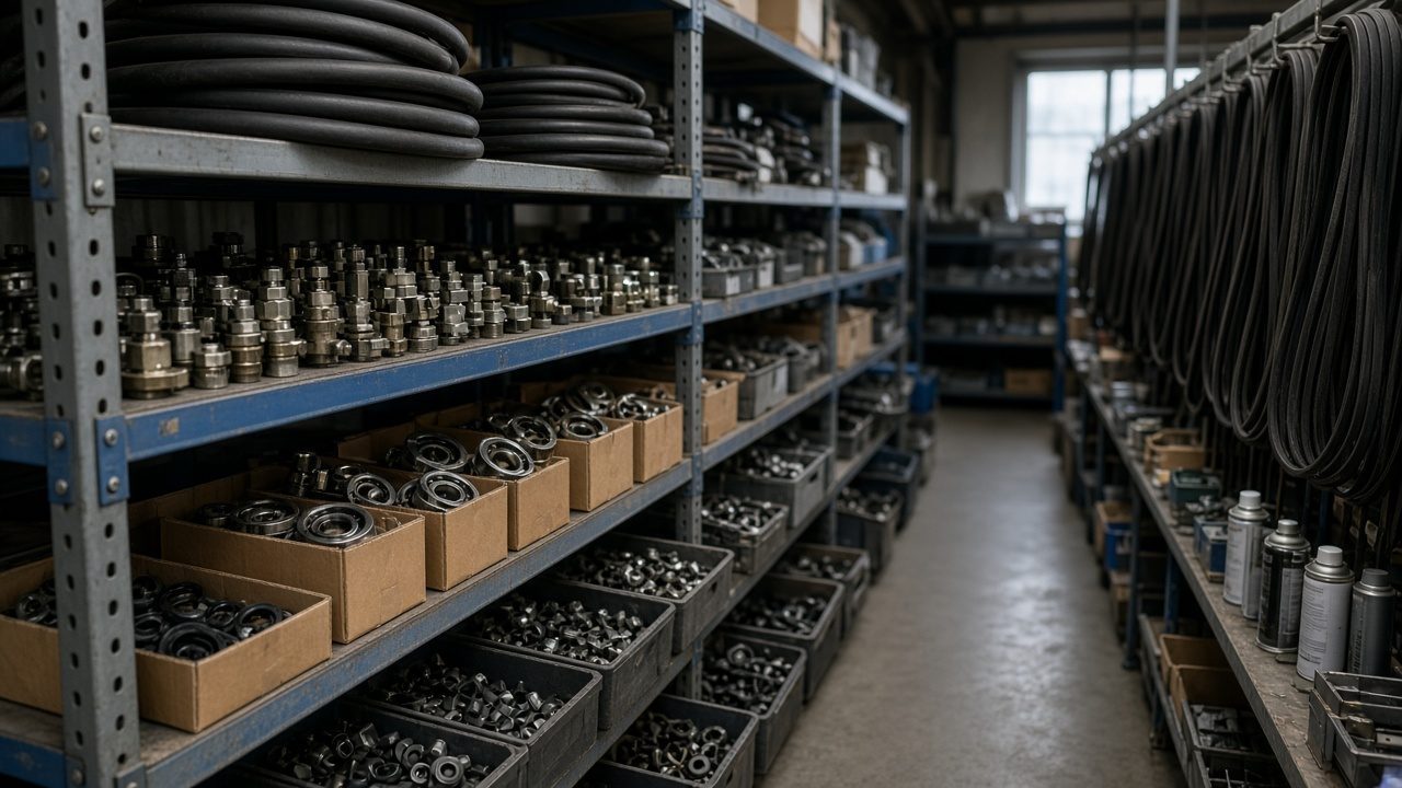 A warehouse aisle with shelves of bins and boxed parts.