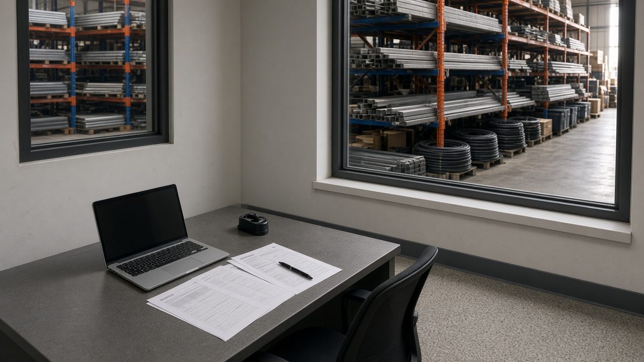 An office desk with a computer, papers, and a pen.