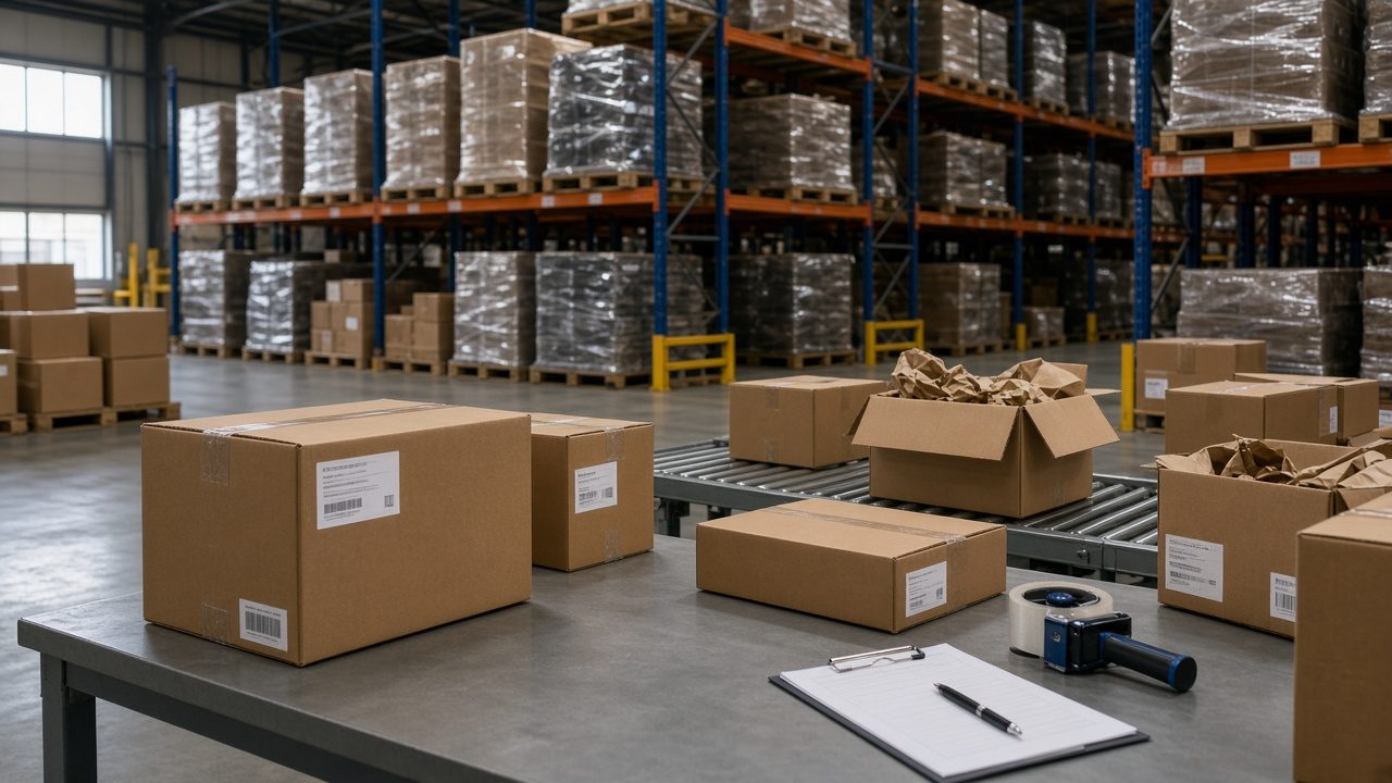 A person packing a box at a workbench, with shelves of bins behind them.