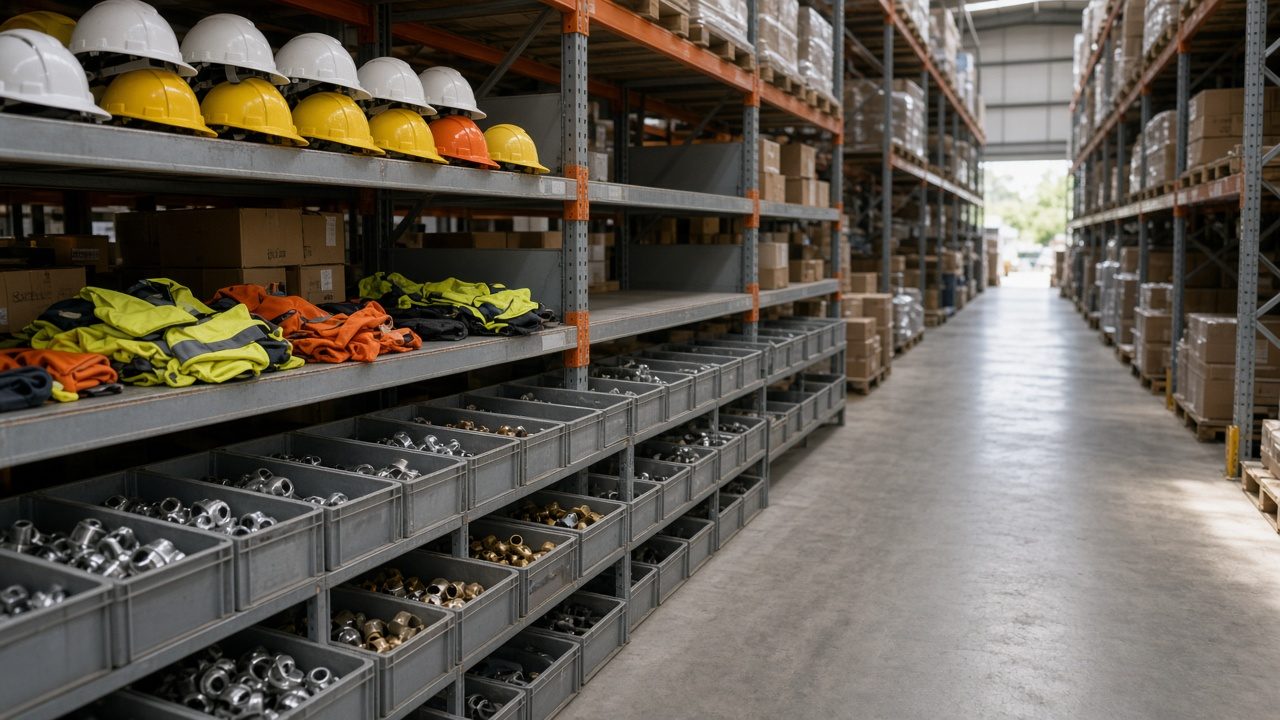 A warehouse aisle with yellow safety posts and shelves of bins and boxes.