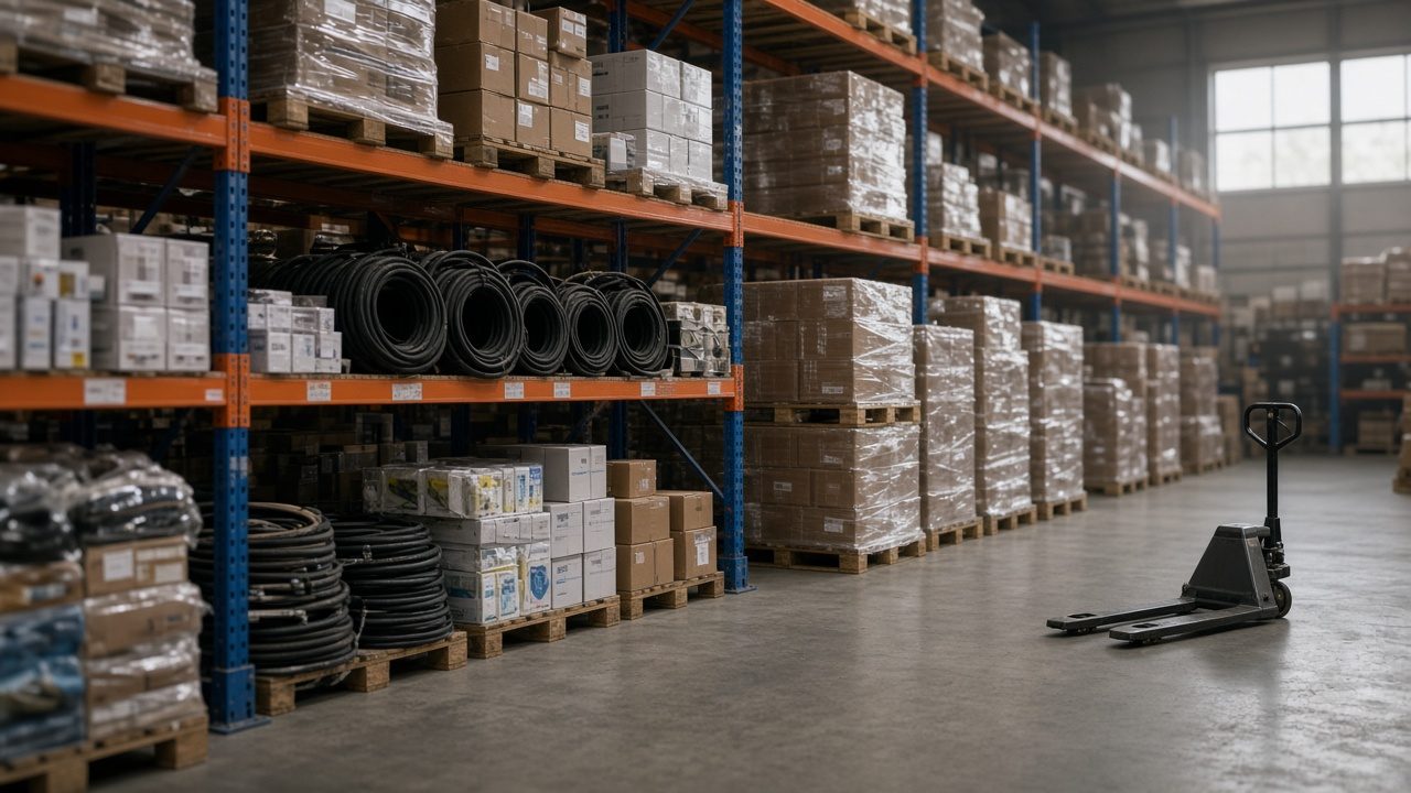 A wide warehouse aisle with tall pallet racks and boxes on the shelves.